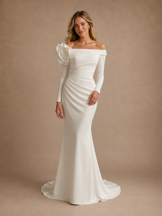 ChicSew Modern Long Sleeves Crepe Maxi Mermaid Wedding Dress With 3D Flower