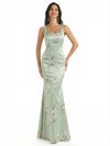 Elegant Spaghetti Straps Square Mermaid Long Satin Floral Formal Evening Dresses For Ladies