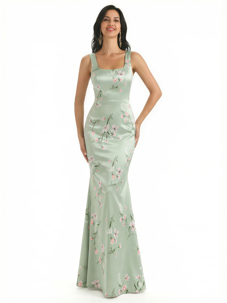 Elegant Spaghetti Straps Square Mermaid Long Satin Floral Formal Evening Dresses For Ladies