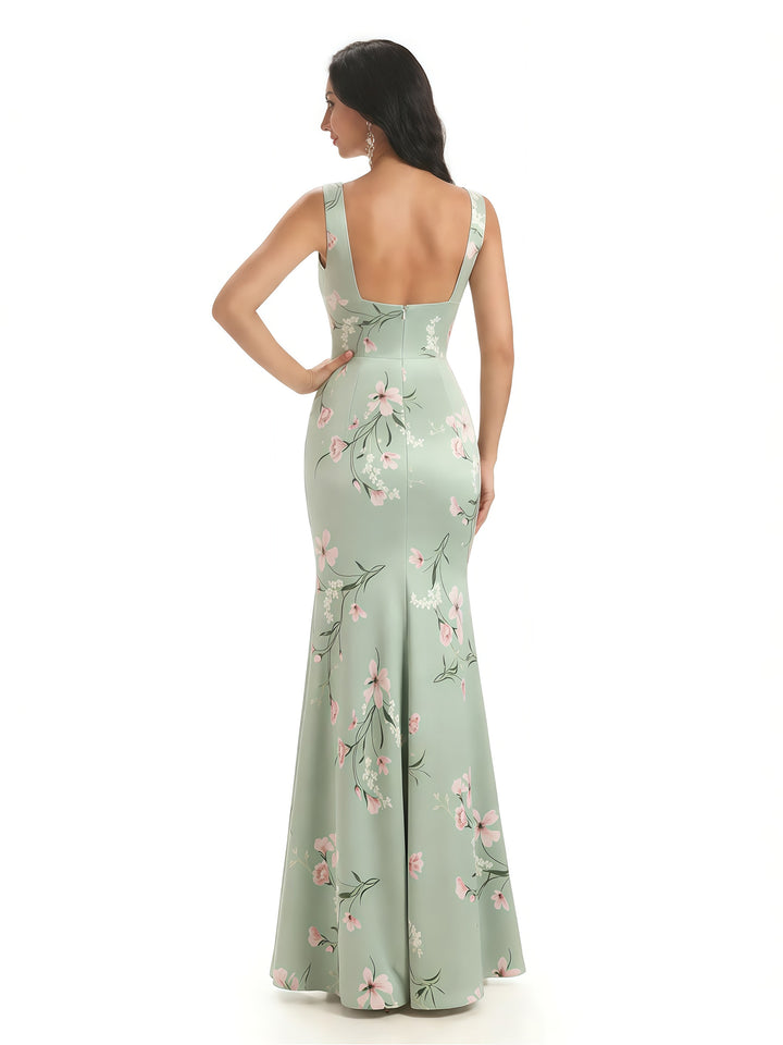 Elegant Spaghetti Straps Square Mermaid Long Satin Floral Formal Evening Dresses For Ladies