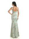 Elegant Spaghetti Straps Square Mermaid Long Satin Floral Formal Evening Dresses For Ladies