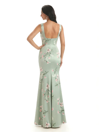 Elegant Spaghetti Straps Square Mermaid Long Satin Floral Formal Evening Dresses For Ladies