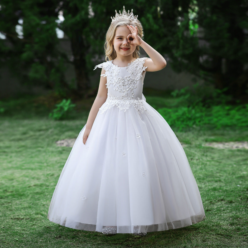 Flower Girl Dresses Sleeveless Lace Applique Fluffy Kids Evening Gowns For Wedding Party Holy Communion Dresses