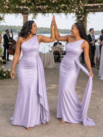 ChicSew Elegant Mermaid One Shoulder Soft Satin Long Bridesmaid Dresses With Ruching