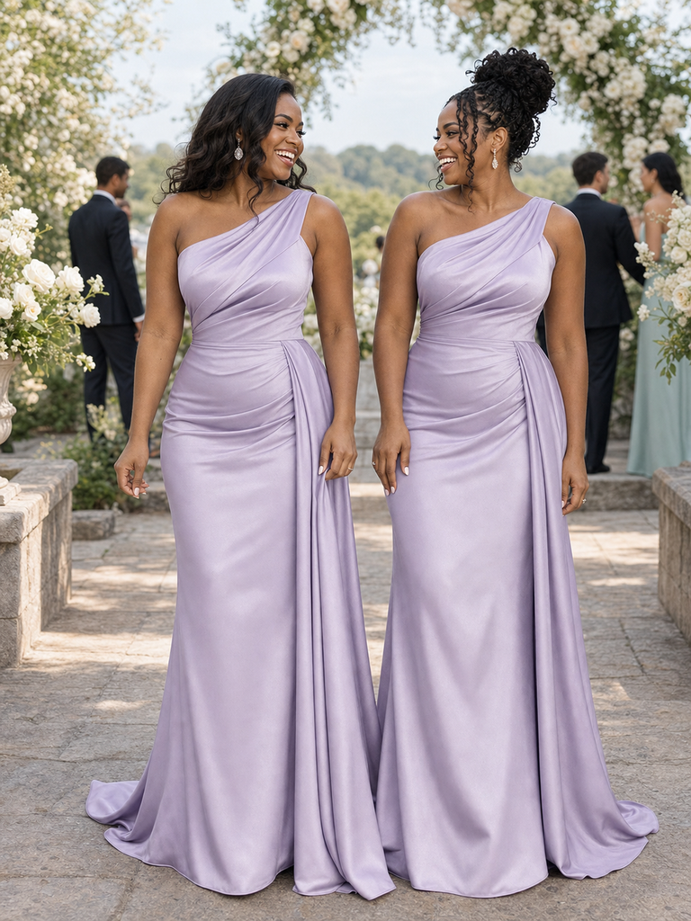 ChicSew Elegant Mermaid One Shoulder Soft Satin Long Bridesmaid Dresses With Ruching