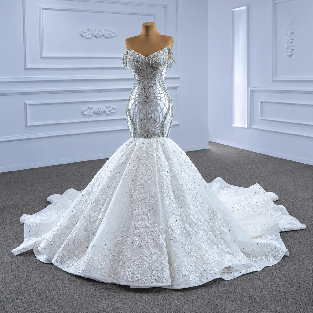 ChicSew Sparkly Lace Applique Off Shoulder Ball Gown Wedding Dress With Rhinestone