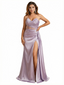Sexy Sweetheart V-Neck Side Slit Mermaid Ruched Satin Long Formal Dresses
