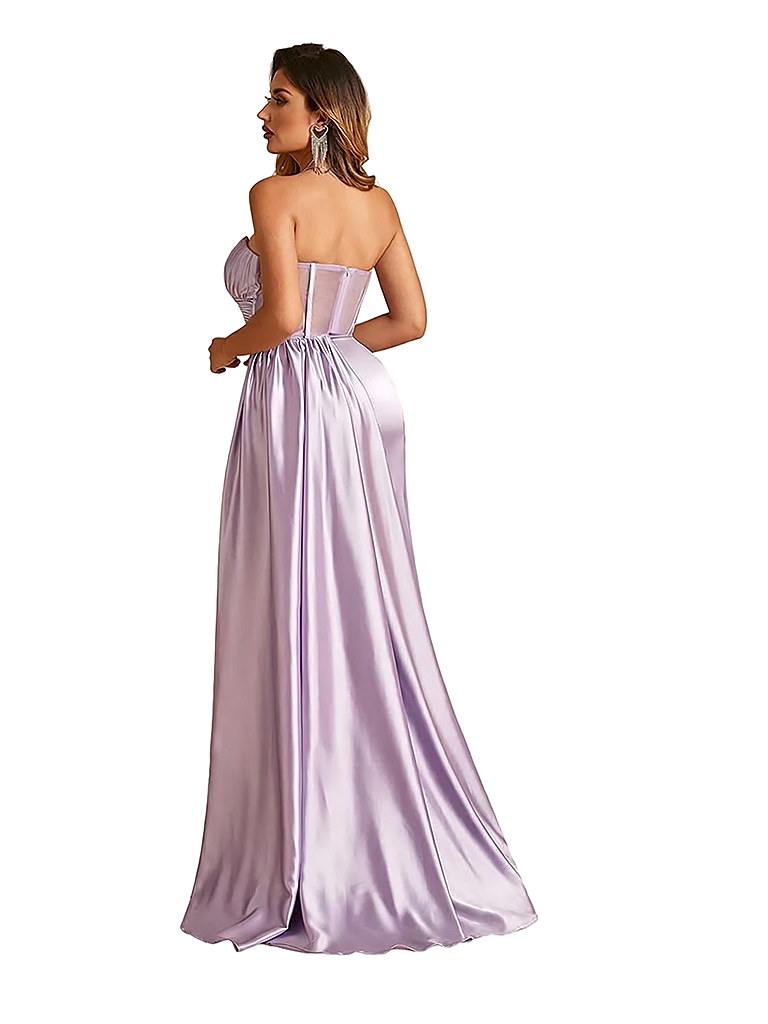 Sexy Sweetheart V-Neck Side Slit Mermaid Ruched Satin Long Formal Dresses