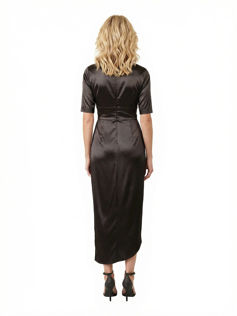 Elegant V-Neck Satin Half Sleeves Ruched Unique Midi Mother of the Bride Dresses