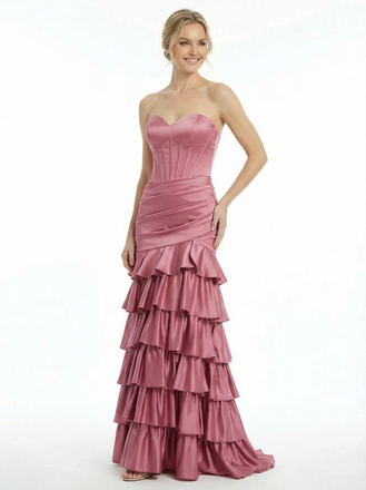 Elegant Sweetheart Neck Tiered Ruffle Prom Gown Strapless Satin Mermaid Evening Wear