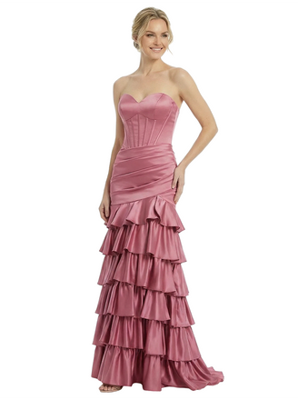 ChicSew Sexy Strapless Sweetheart Prom Dress Satin Tiered Ruffled Mermaid Corset Maxi Formal Evening Wear
