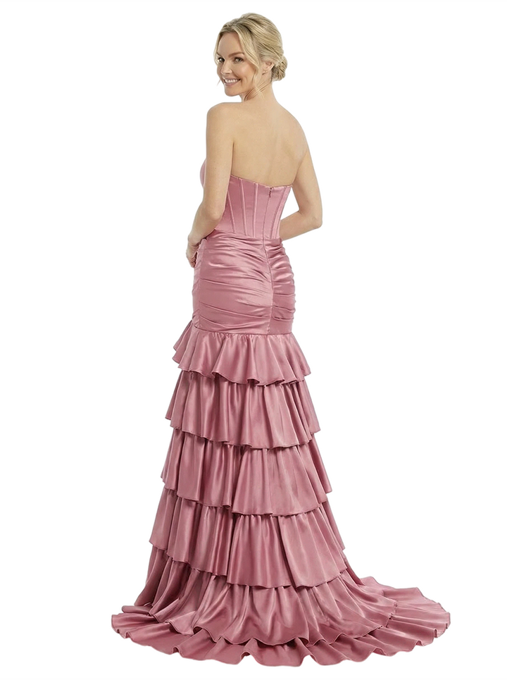 ChicSew Sexy Strapless Sweetheart Prom Dress Satin Tiered Ruffled Mermaid Corset Maxi Formal Evening Wear