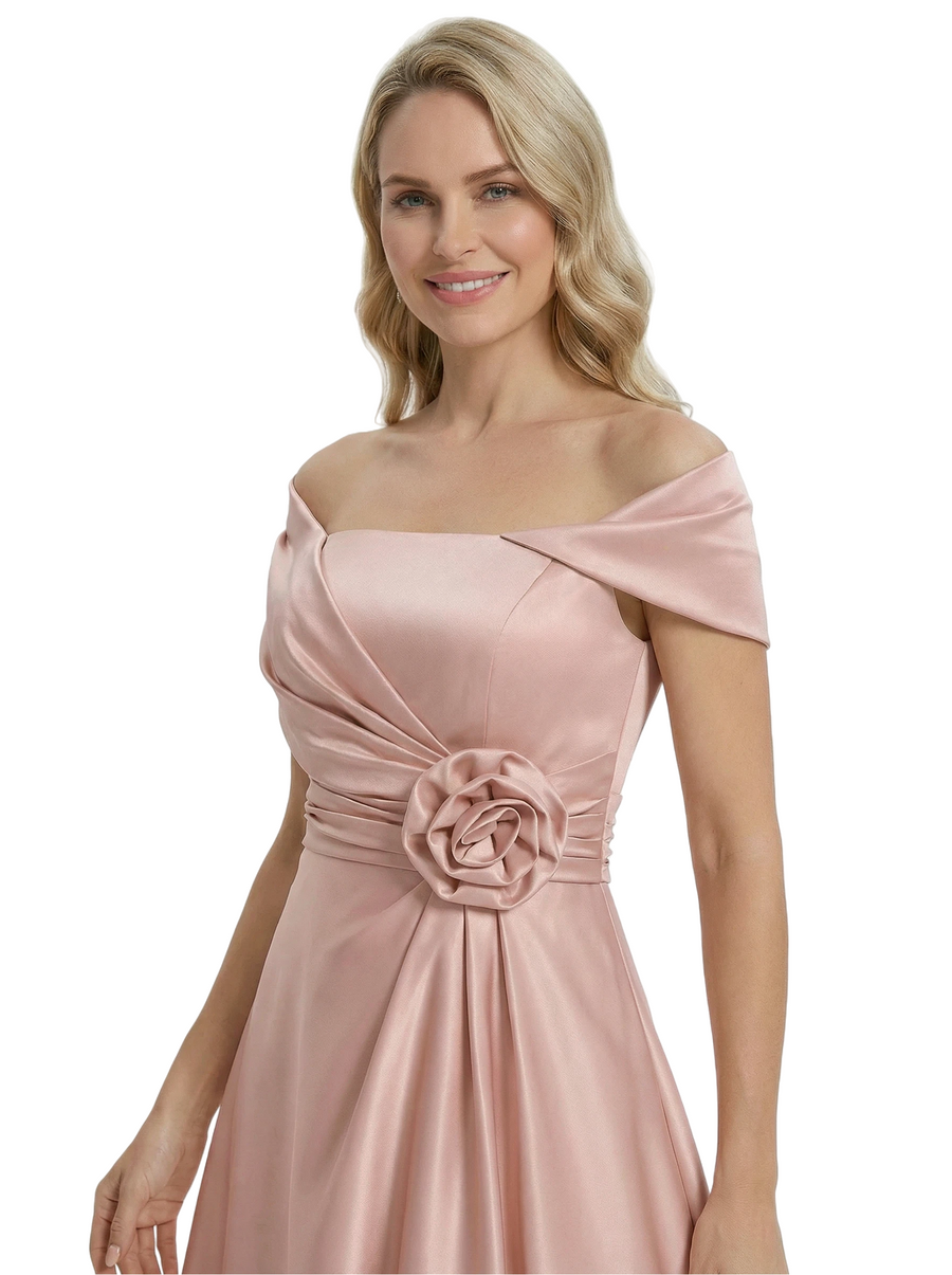 Pretty Off Shoulder Short Sleeve Asymmetric Mother of The Bride Dress Satin A-Line Maxi Gown