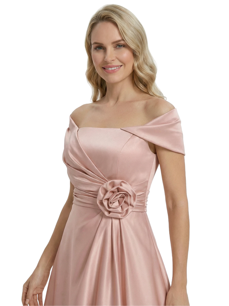 Pretty Off Shoulder Short Sleeve Asymmetric Mother of The Bride Dress Satin A-Line Maxi Gown