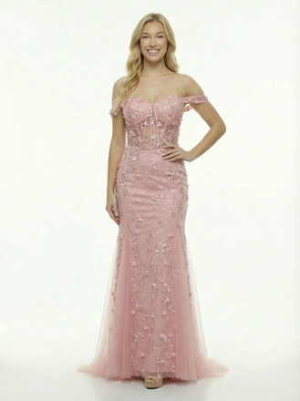 Stunning Backless Lace-Up Prom Gown Off-Shoulder Floral Applique Mermaid Party Dress