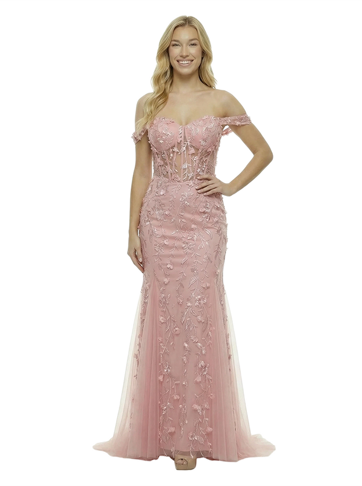 ChicSew Elegant Off Shoulder Prom Dress Lace Corset Tulle Mermaid Maxi Formal Evening Gown