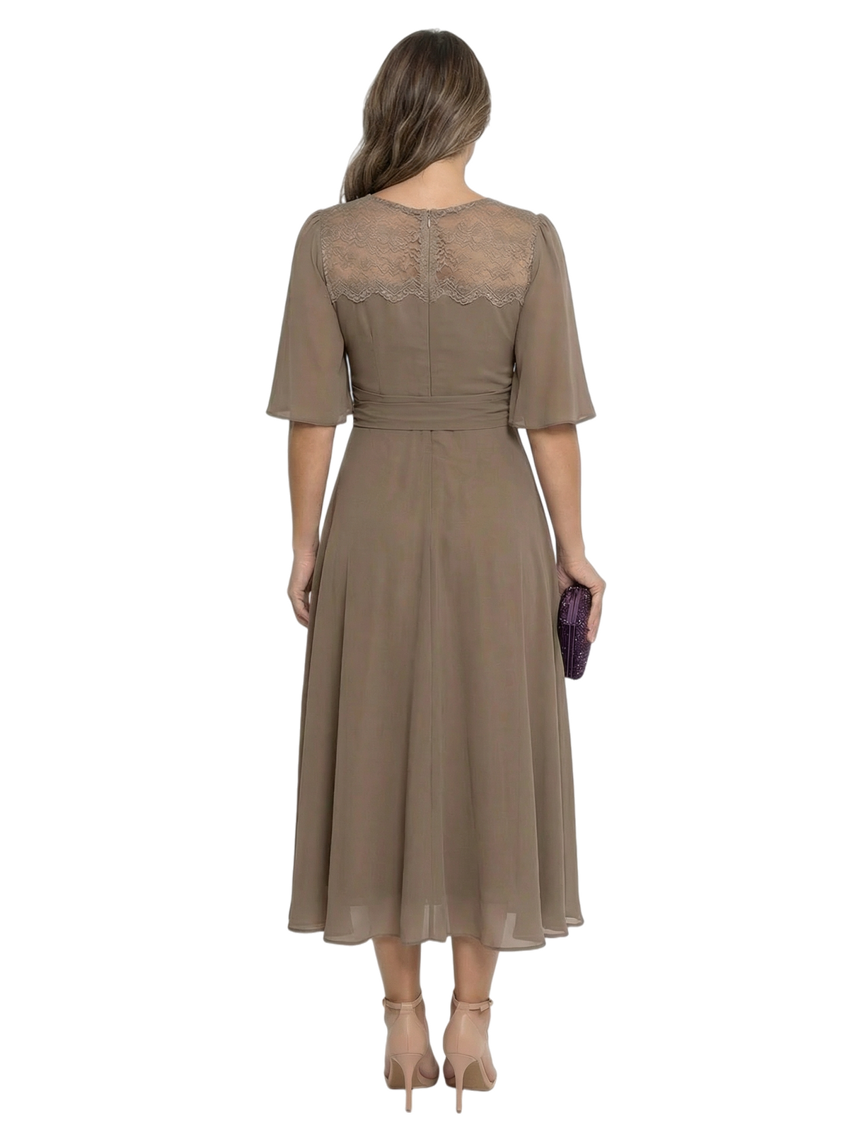 Classy Lace Flutter Sleeve Mother of The Groom Dress Chiffon Tea-Length Gown with Belt