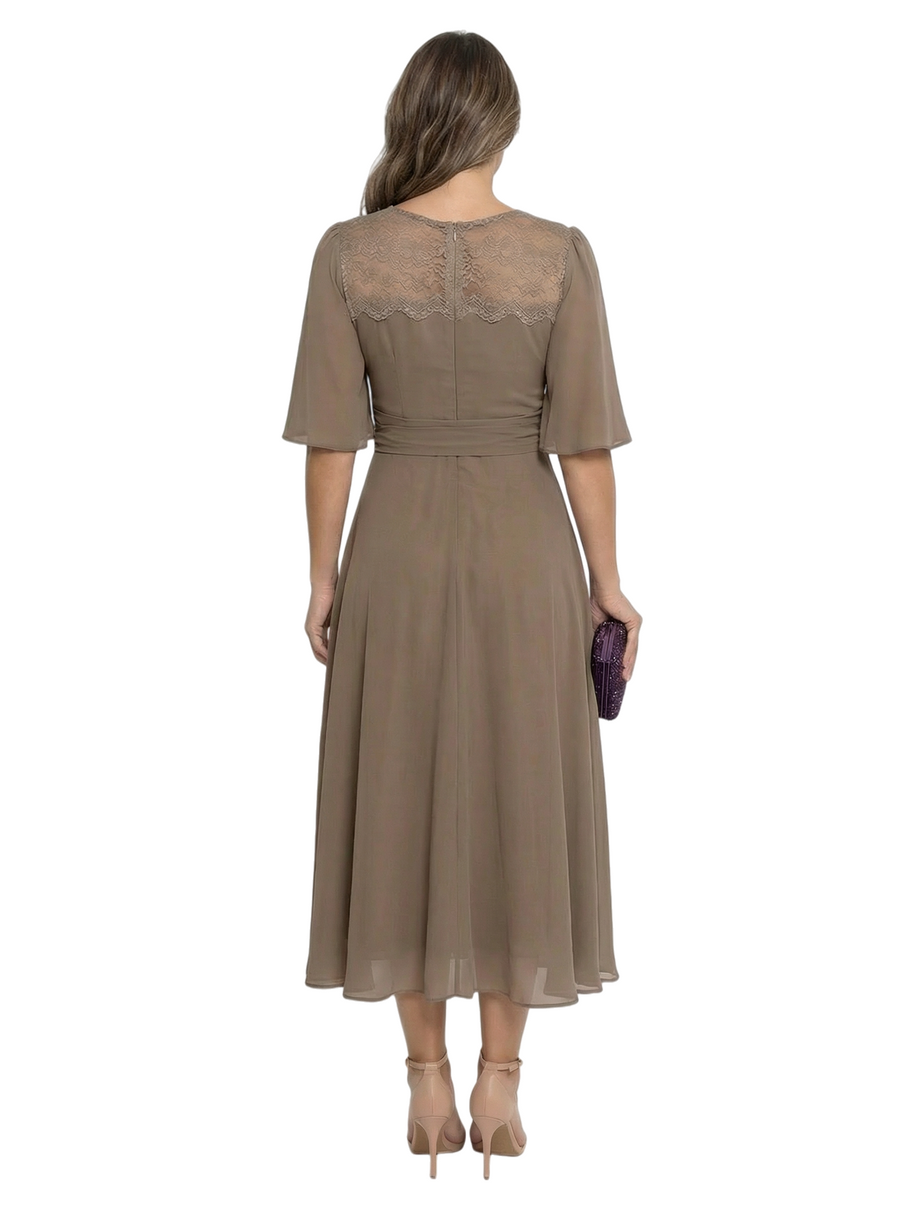 Classy Lace Flutter Sleeve Mother of The Groom Dress Chiffon Tea-Length Gown with Belt