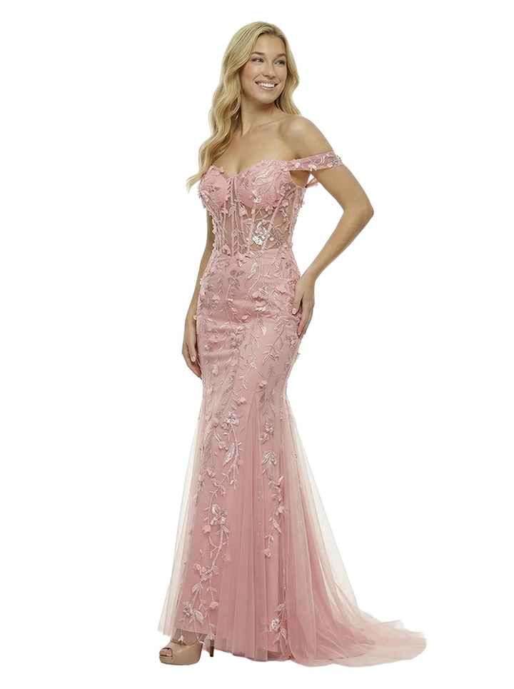 ChicSew Elegant Off Shoulder Prom Dress Lace Corset Tulle Mermaid Maxi Formal Evening Gown