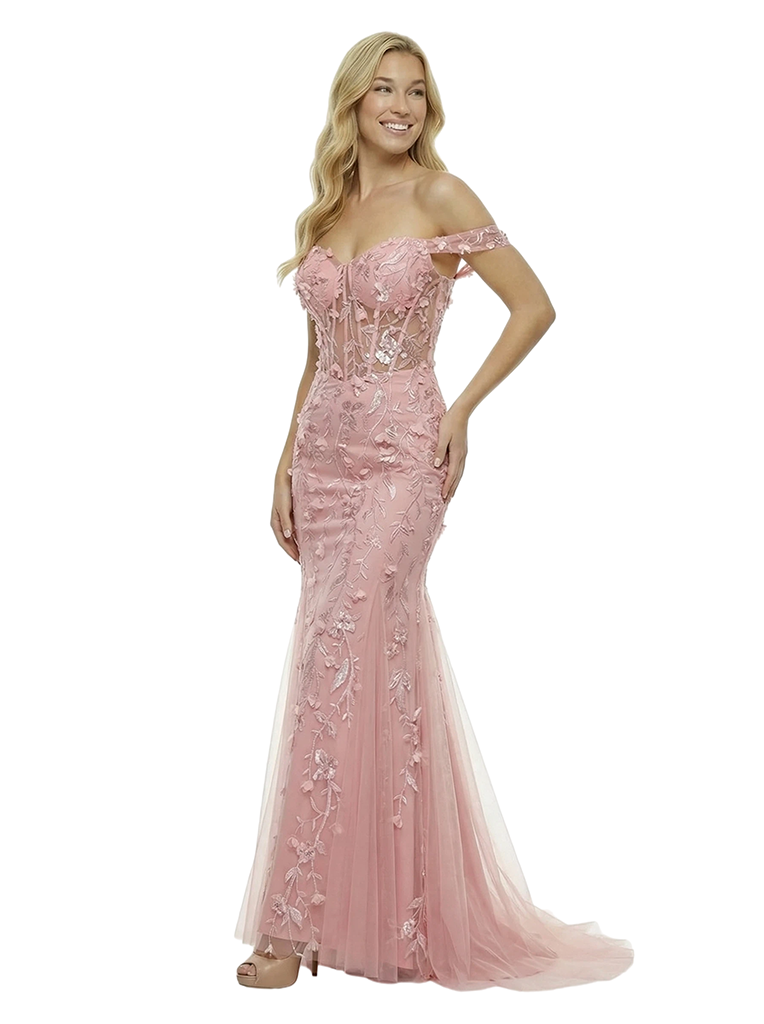 ChicSew Elegant Off Shoulder Prom Dress Lace Corset Tulle Mermaid Maxi Formal Evening Gown