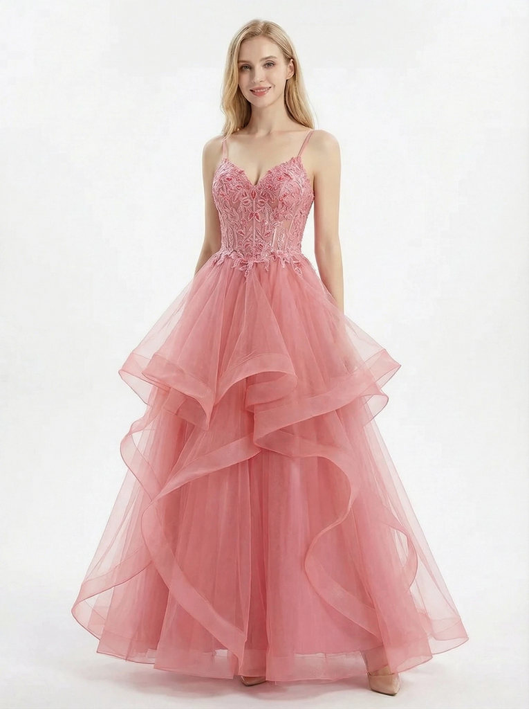 Ethereal Tiered Tulle Ball Gown Prom Dress Lace Applique V-Neck Spaghetti Strap Evening