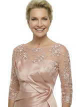 Elegant Lace 3/4 Sleeves Ruched Knee-Length Satin Mother Of The Bride Dresses
