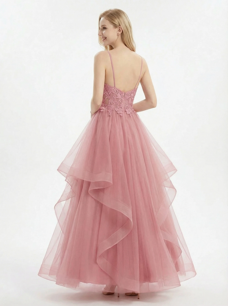 ChicSew Ball Gown Prom Dresses Ethereal Tiered Tulle Ball Gown Prom Dress Lace Applique V-Neck Spaghetti Strap Evening, Blue