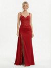 Sophisticated Red Carpet Lace Prom Gown Embellished V-Neck Satin Slit Formal Dress
