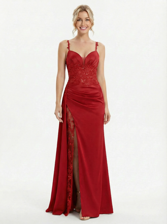 Sophisticated Red Carpet Lace Prom Gown Embellished V-Neck Satin Slit Formal Dress