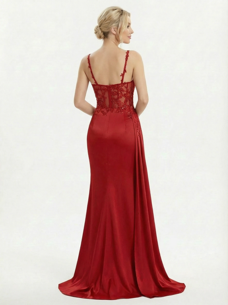 Sophisticated Red Carpet Lace Prom Gown Embellished V-Neck Satin Slit Formal Dress