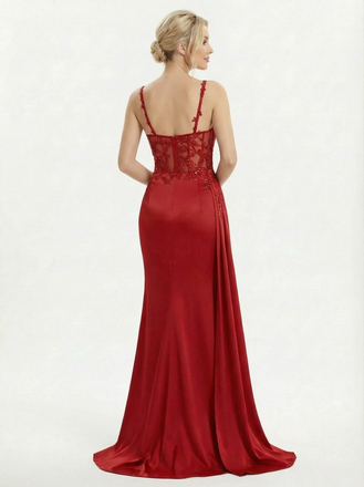Sophisticated Red Carpet Lace Prom Gown Embellished V-Neck Satin Slit Formal Dress