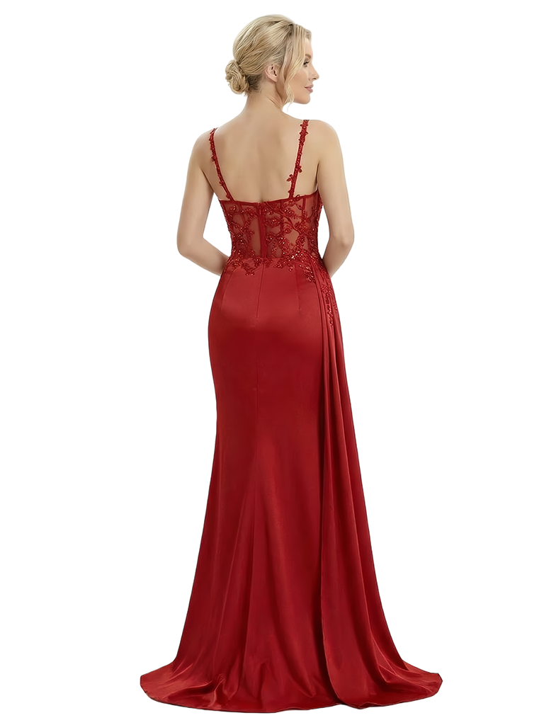 ChicSew Modern Lace Mermaid Prom Gown V-Neck Satin Slit Formal Grad Dress