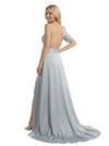 Stylish One Shoulder Short Sleeve Mother of The Bride Dress Side Slit A-Line Satin Fitted Maxi Gown