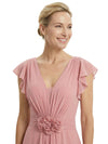 Elegant V-Neck Flutter Sleeves A-Line Chiffon Mother Of The Bride Dress With Floral Details