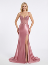 Fancy Sequin Bodice Prom Dress Corset Detail High Slit Stretch Satin Formal Gown