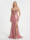 Fancy Sequin Bodice Prom Dress Corset Detail High Slit Stretch Satin Formal Gown