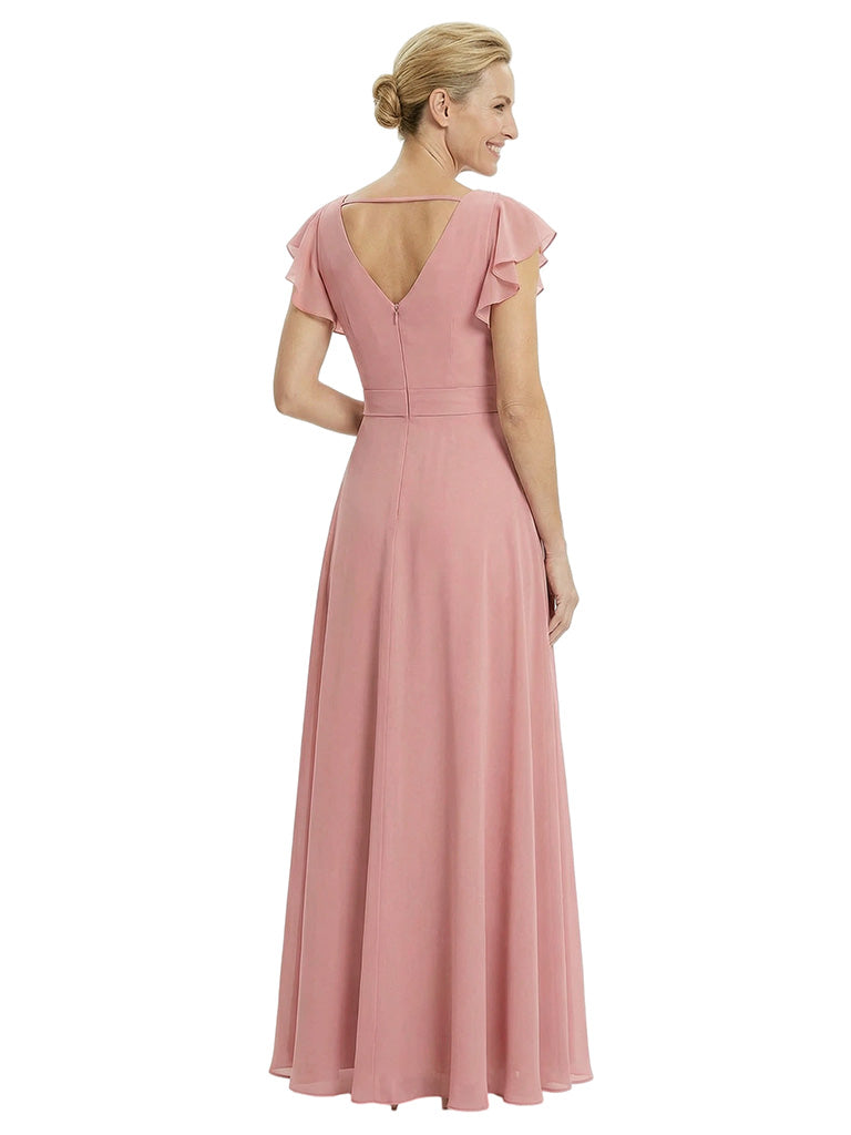 Elegant V-Neck Flutter Sleeves A-Line Chiffon Mother Of The Bride Dress With Floral Details