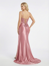 Fancy Sequin Bodice Prom Dress Corset Detail High Slit Stretch Satin Formal Gown