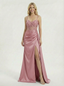 Glamorous Corset Style Lace Prom Dress High Slit Ruched Satin Floor Length Party Gown