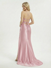 Glamorous Corset Style Lace Prom Dress High Slit Ruched Satin Floor Length Party Gown