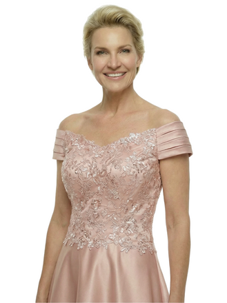 Elegant Off Shoulder Sleeveless A-Line Floor-Length Satin Mother Of The Bride Dress