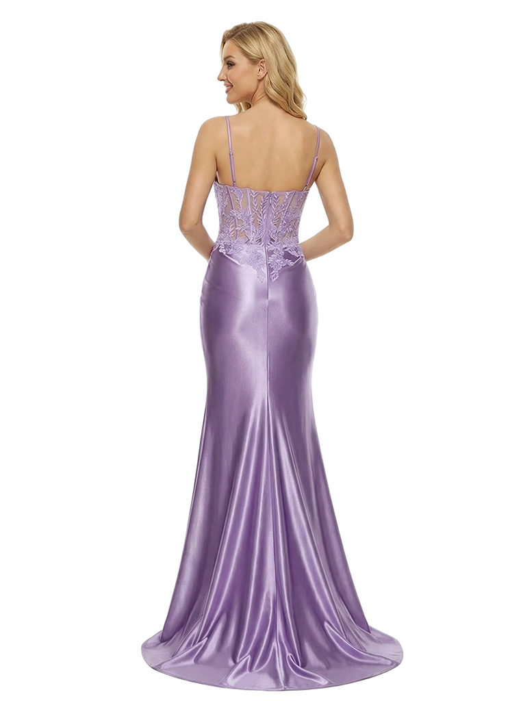 Fancy Spaghetti Straps V-Neck Boning Lace Corset Side Slit Mermaid Maxi Prom Gown