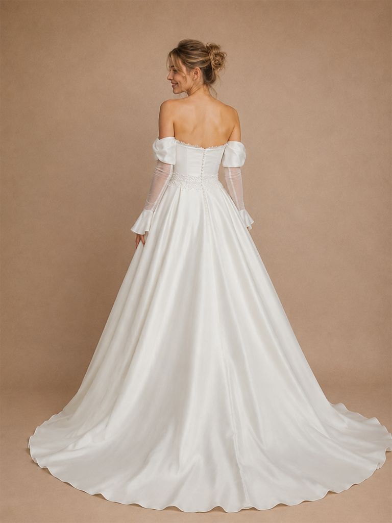 ChicSew Fancy Elegant Strapless 3/4 Sleeves A-Line Satin Maxi Wedding Dress