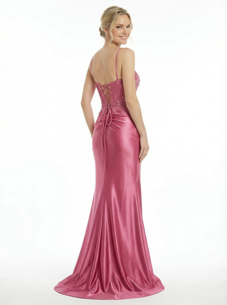 Elegant Corset Bodice Satin Gown Sexy Sheath Evening Dress with Ruched Slit Skirt