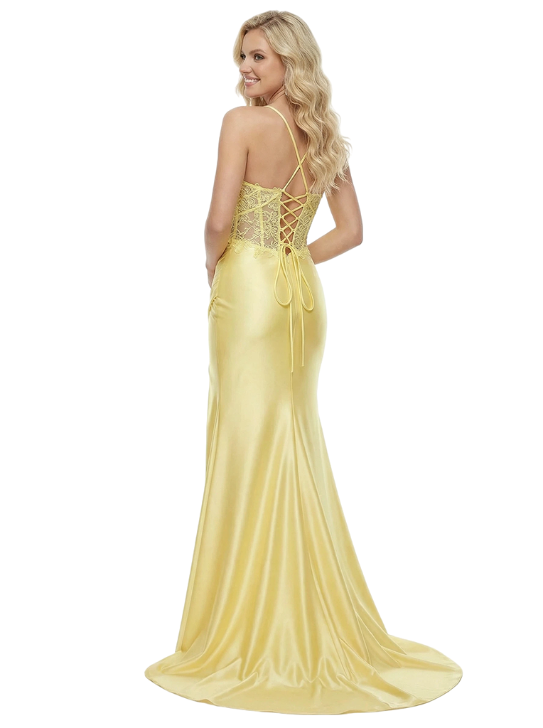 Elegant Spaghetti Straps Square Corset Mermaid Formal Gown Floor-Length Prom Dress Side Slit