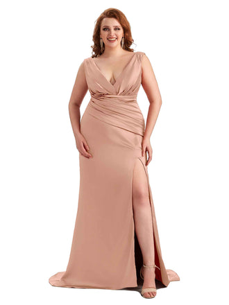 V-neck Rose Gold Satin Long Bridesmaid Dress