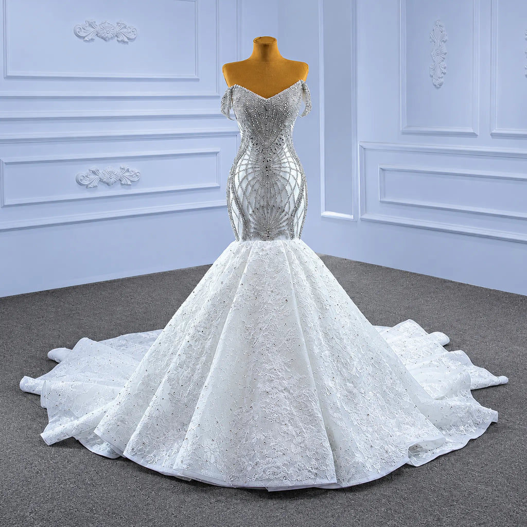 ChicSew Sparkly Lace Applique Off Shoulder Ball Gown Wedding Dress With Rhinestone