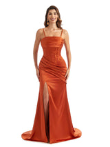 Sexy Side Split Spaghetti Straps Mermaid Unique Satin Maxi Bridesmaid Dresses