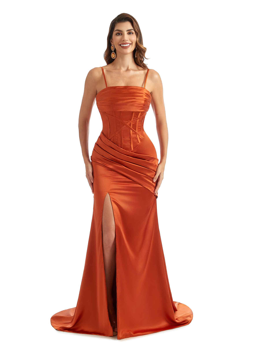 Sexy Side Split Spaghetti Straps Mermaid Unique Satin Maxi Bridesmaid Dresses