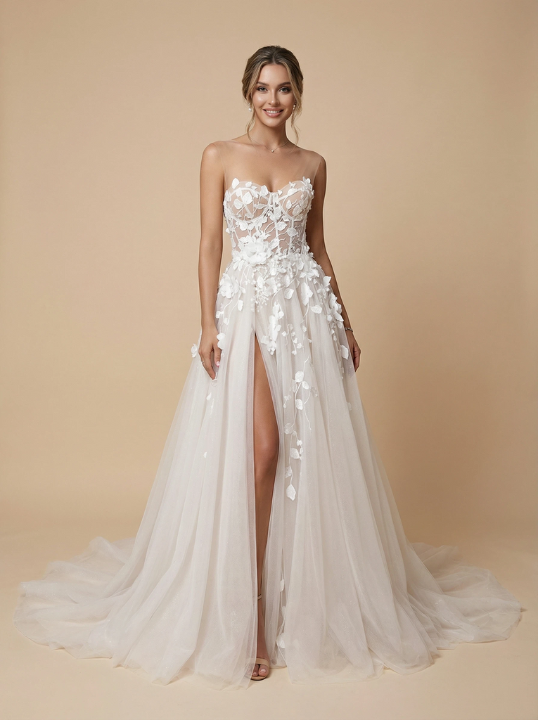 A-Line Sweetheart Ruching Maxi Long Tulle And Lace Wedding Gowns Online